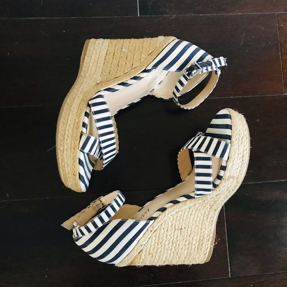 Nine West Navy and White Striped Ankle Strap Wedges Cork woven wedge sandals - Picture 6 of 7